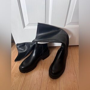 Black Knee-High Leather Boots with Rounded Toe